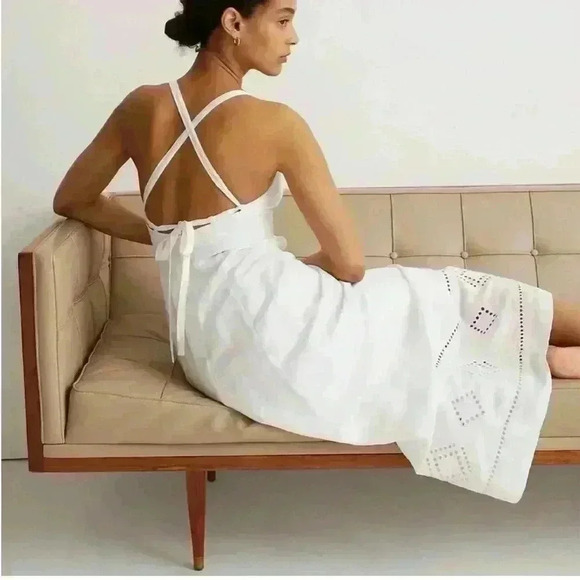 Madewell White Eyelet Tie-Back‎ Midi Dress Cotton Summer Embroidered Size 14 - Picture 2 of 5